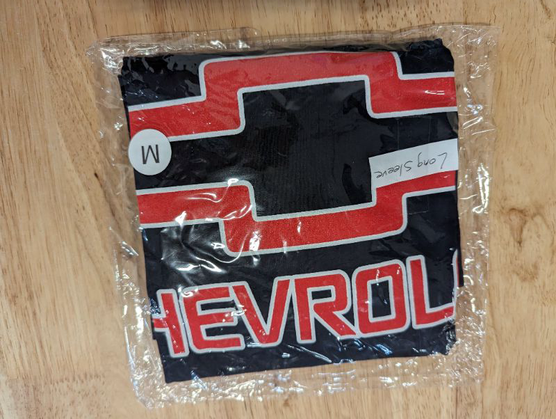 Photo 2 of Chevrolet Logo Men's Long Sleeve Shirt - Black w/Red & White Logo - Size Medium **STOCK PHOTO TO SHOW STYLE OF SHIRT, LOGO IS DIFFERENT, SEE PHOTOS**
