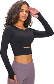 Photo 1 of Workout Yoga Tops for Women, Removable Crop Top Padded Compression Long Sleeve Fitness Athletic Yoga Sports Shirt - Black - Size 6 - NWT