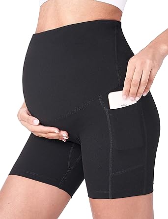 Photo 1 of POSHDIVAH Women's Maternity Yoga Shorts Over The Belly Bump Summer Workout Running Active Short Pants with Pockets - Black - Size Medium - NWT