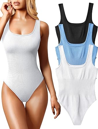 Photo 1 of OQQ Women's 3 Piece Bodysuits Sexy Ribbed Sleeveless Square Neck Sleeveless Tank Tops Bodysuits - Black, Candy Blue, White - Size Small