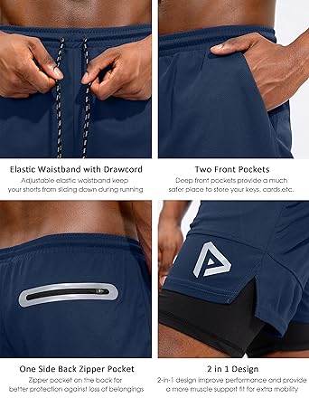 Photo 2 of Pinkbomb Men's 2 in 1 Workout Running Shorts with Phone Pocket Quick Dry Athletic Gym Shorts for Men with Zippered Pocket - Navy - Size XL - NWT