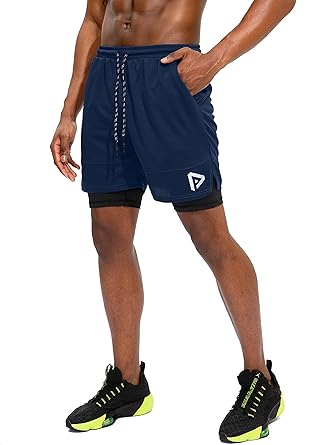 Photo 1 of Pinkbomb Men's 2 in 1 Workout Running Shorts with Phone Pocket Quick Dry Athletic Gym Shorts for Men with Zippered Pocket - Navy - Size XL - NWT