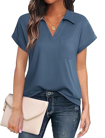 Photo 1 of Vivilli Women's Tops and Blouses Short Sleeve Business Casual Collared Tunic Shirt - Blue/Grey - Size Medium