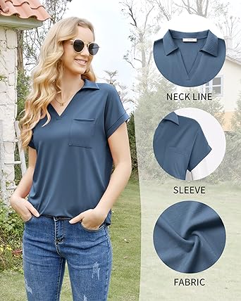 Photo 2 of Vivilli Women's Tops and Blouses Short Sleeve Business Casual Collared Tunic Shirt - Blue/Grey - Size Medium