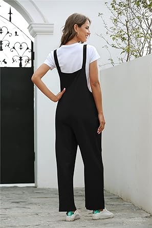 Photo 2 of Springrain - Women's Casual Cotton Buttoned Strap Cropped Overalls Jumpsuit Romper Long Pants Summer - Black - Size 2XL