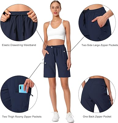 Photo 2 of Women's Lightweight Hiking Cargo Shorts Quick Dry Athletic Shorts for Camping Travel Golf with Zipper Pockets Water Resistant - Navy - Size Large - NWT