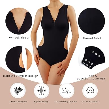 Photo 2 of UniikStuff Bodysuit for Women V Neck,Cut Out Waist Zipper Round Tank Bodysuit Sleeveless Ribbed Shapewear Tummy Bodysuit - Black - Size S
