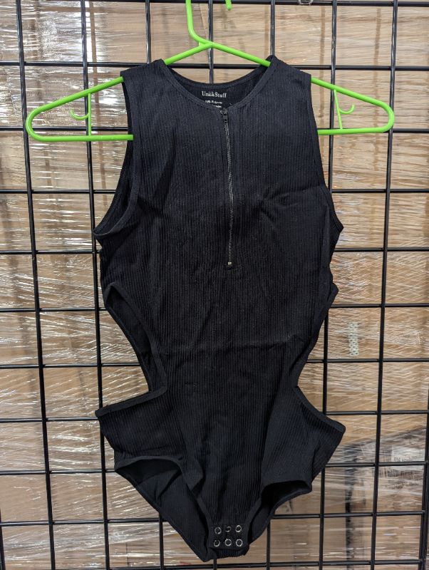 Photo 3 of UniikStuff Bodysuit for Women V Neck,Cut Out Waist Zipper Round Tank Bodysuit Sleeveless Ribbed Shapewear Tummy Bodysuit - Black - Size S
