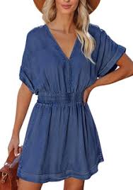 Photo 1 of Sky Blue Denim V Neck Smocked Waist Pocketed Dress - Size Medium