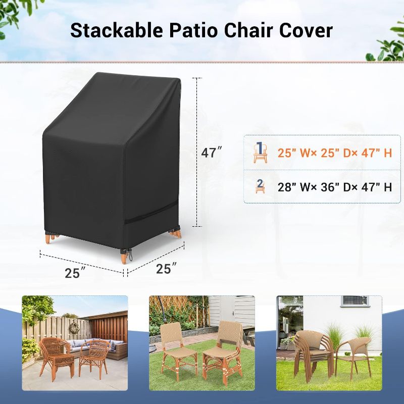 Photo 2 of Mrrihand Patio Chair Covers, Outdoor Stackable Chair Covers Waterproof, Heavy Duty Patio Furniture Covers Fits for 4-6 Stackable Dining Chairs, 28" W× 36" D× 47" H, Black
