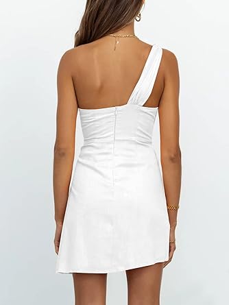 Photo 2 of LILLUSORY Women's One Shoulder Mini Dress 2023 Summer Wrap Ruched Tie Waist Short Dress - White - Size Small - NWT

