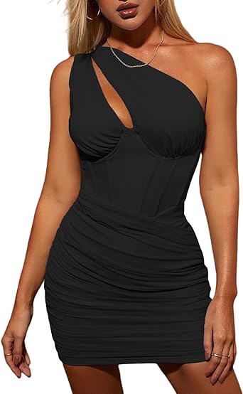 Photo 2 of KUTUMAI Women's Sexy One Shoulder Cutout Bodycon Corset Dress Ruched Mesh Party Club Mini Dresses - Black - Size Small - NWT