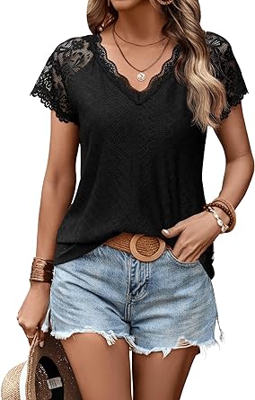 Photo 1 of Women's Floral Lace Short Sleeve Raglan Top Casual V Neck Pullover Plain Tee Shirt - Black - Size Medium
