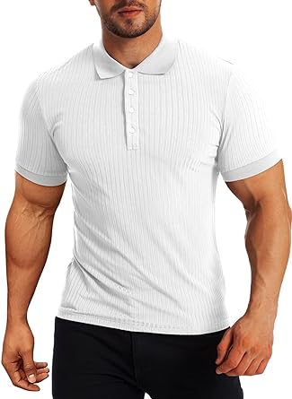 Photo 1 of ASKDEER - Mens Muscle Polo T Shirts Short Sleeve Slim Fit Quick Dry T-Shirts for Golf Tennis Workout Casual - White - Size Large - NWT