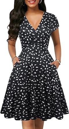 Photo 1 of oxiuly Women's Vintage Dot V-Neck Cap Sleeve Casual Pockets Swing Tea Dress - Black/White - Size 2XL 
