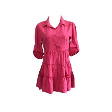Photo 1 of Summer Women Solid Color Midi Dress Elegant Fashion Alf Sleeve Lapel Neck Ruffle Short Dress Hem Button-up Dress - Pink - Size Large