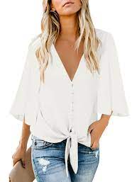 Photo 1 of Maolijer Women's Casual Loose Shirt 3/4 Sleeve V Neck Loose Tie Front Blouses Top - White - Size Large - NWT
