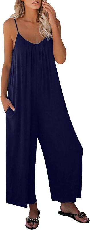 Photo 1 of Women's Loose Sleeveless Jumpsuits Adjustable Spaghetti Strap Stretchy Long Pant Romper Jumpsuit with Pockets - Navy - Size Large
