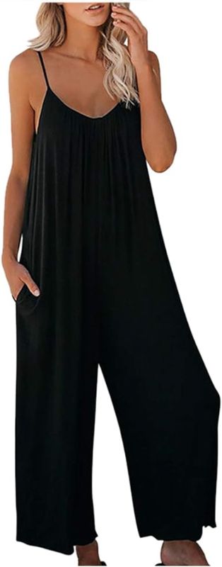 Photo 1 of Women's Loose Sleeveless Jumpsuits Adjustable Spaghetti Strap Stretchy Long Pant Romper Jumpsuit with Pockets - Black - Size XL
