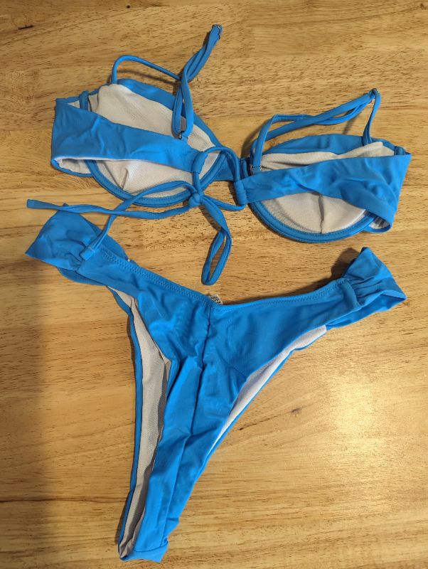 Photo 3 of 2 Piece Women's Bikini - Underwire Top, Thong Bottom - Blue - Size Medium