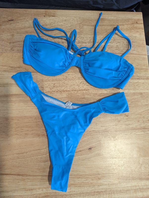 Photo 2 of 2 Piece Women's Bikini - Underwire Top, Thong Bottom - Blue - Size Medium