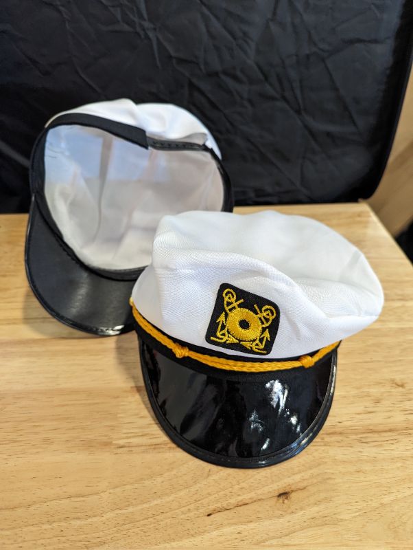 Photo 4 of 2 PACK - Yacht Captain Hat Sailor Captain Men Hat Costume Hat Airplane Costume Hat Uniform Hat Women Cap Costume Accessory Adjustable for Costume Party (Classic Captain Hat)
