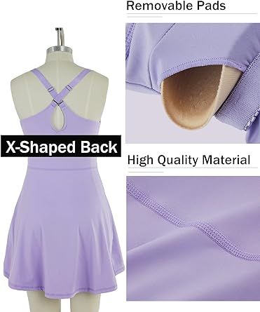 Photo 2 of Womens Tennis Golf Dress with Built in Shorts Adjustable Straps Sleeveless Athletic Exercise Dresses with Pockets - Lavender - Size Medium