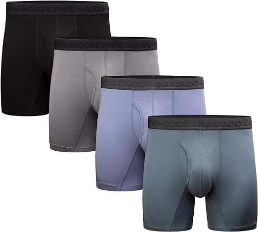 Photo 1 of BAMBOO COOL Men’s Underwear boxer briefs Soft Comfortable Bamboo Viscose Underwear Trunks (4 Pack) - Black, Grey, Light Blue, Navy - Size Large
