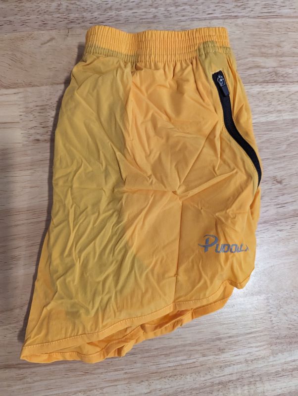 Photo 4 of Pudolla Men’s Running Shorts 3 Inch Quick Dry Gym Athletic Workout Shorts for Men with Zipper Pockets - Yellow - Size Small - NWT