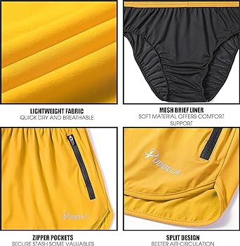 Photo 2 of Pudolla Men’s Running Shorts 3 Inch Quick Dry Gym Athletic Workout Shorts for Men with Zipper Pockets - Yellow - Size Small - NWT