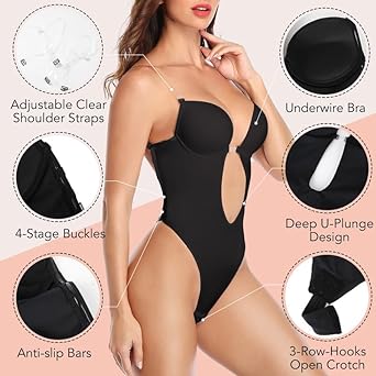 Photo 2 of Women's Backless Body Shaper Bra U Plunge Seamless Low Back Thong Shapewear Deep V Full Body Bodysuit - Black - Size Large - NWT