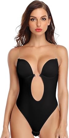 Photo 1 of Women's Backless Body Shaper Bra U Plunge Seamless Low Back Thong Shapewear Deep V Full Body Bodysuit - Black - Size Large - NWT