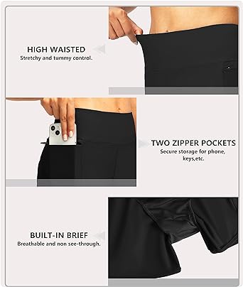 Photo 2 of Pudolla Women's Swim Shorts with Zipper Pockets High Waisted Quick Dry Board Swimsuit Bathing Shorts for Women with Liner - Black - Size Large - NWT