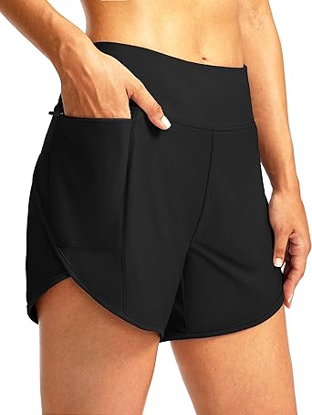 Photo 1 of Pudolla Women's Swim Shorts with Zipper Pockets High Waisted Quick Dry Board Swimsuit Bathing Shorts for Women with Liner - Black - Size Large - NWT