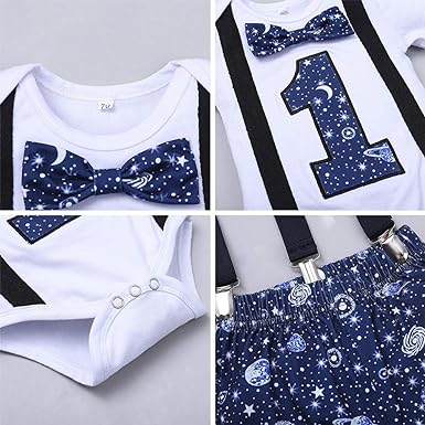 Photo 2 of 1st Birthday Outfit For Boys Space Romper Suspenders Pants Gentleman First Birthday Cake Smash Suit - 3pcs
