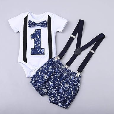 Photo 1 of 1st Birthday Outfit For Boys Space Romper Suspenders Pants Gentleman First Birthday Cake Smash Suit - 3pcs

