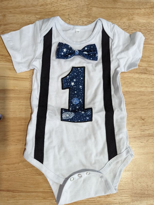 Photo 3 of 1st Birthday Outfit For Boys Space Romper Suspenders Pants Gentleman First Birthday Cake Smash Suit - 3pcs
