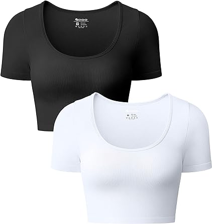 Photo 1 of OQQ Women's 2 Piece Crop Tops Sexy Ribbed Seamless Short Sleeve Shirts Scoop Neck Top - Black & White - Size Large