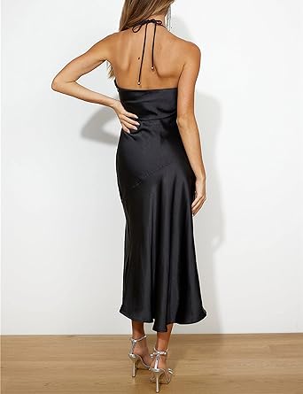 Photo 2 of VUBIYA 2023 Summer Satin Tube Tops Slit Wedding Guest Dress for Women Elegant Sexy Strapless Halter Neck Midi Dresses - Black - Size XS