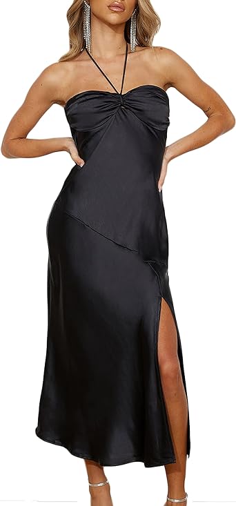 Photo 1 of VUBIYA 2023 Summer Satin Tube Tops Slit Wedding Guest Dress for Women Elegant Sexy Strapless Halter Neck Midi Dresses - Black - Size XS