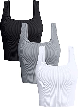 Photo 1 of OQQ Women's 3 Piece Tank Tops Ribbed Seamless Workout Exercise Shirts Yoga Crop Tops - Black, Grey, White - Size Large