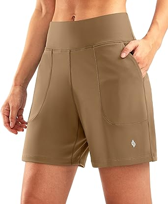 Photo 1 of SANTINY Women's 6'' Athletic Long Shorts with 4 Pockets High Waisted Bermuda Shorts for Women Walking Running Casual - Dark Khaki - Size Small - NWT