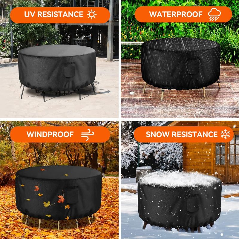 Photo 3 of VGYUE Round Patio Furniture Covers, 100% Waterproof UV Resistant Anti-Fading Outdoor Furniture Table Chair Cover, Heavy Duty 600D Fire Pit Cover 62" DIAx28 H, Black