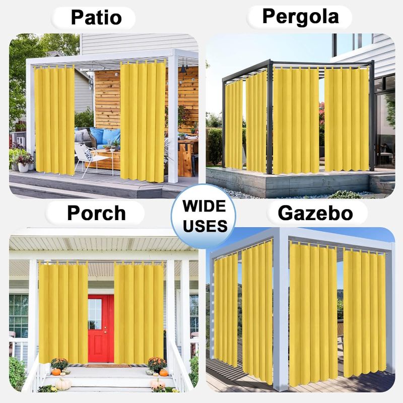 Photo 2 of OutdoorLines Waterproof Outdoor Curtains for Patio - Windproof Tab Top Gazebo Curtain Panels - Privacy Sun Blocking Outside Curtain Set for Porch, Pergola and Cabana 54 x 108 inch, Yellow, 2 Panels
