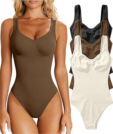 Photo 1 of OQQ Women's 3 Piece Bodysuits Sexy Ribbed Sleeveless Shapewear Tank Tops Bodysuits - Black, Coffee, Beige - Size Medium