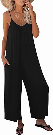 Photo 1 of snugwind Womens Casual Sleeveless Strap Loose Adjustable Jumpsuits Stretchy Long Pants Romper with Pockets - Black - Size Medium