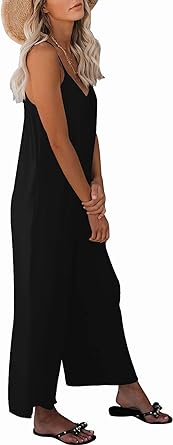 Photo 2 of snugwind Womens Casual Sleeveless Strap Loose Adjustable Jumpsuits Stretchy Long Pants Romper with Pockets - Black - Size Medium
