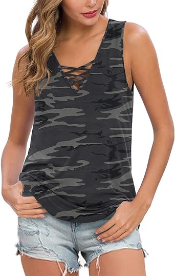 Photo 1 of Feiersi Women's Sleeveless Criss Cross Casual Tank Top - Grey Camo - Size XL - NWT