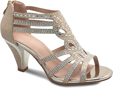 Photo 1 of Olivia K Women's Open Toe Strappy Rhinestone Dress Sandal Low Heel Wedding Shoes White Glitter - adorable, comfortable - Champagne - Size 8.5