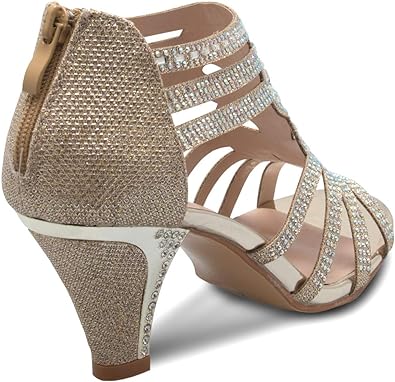 Photo 1 of Olivia K Women's Open Toe Strappy Rhinestone Dress Sandal Low Heel Wedding Shoes White Glitter - adorable, comfortable - Champagne - Size 8.5
